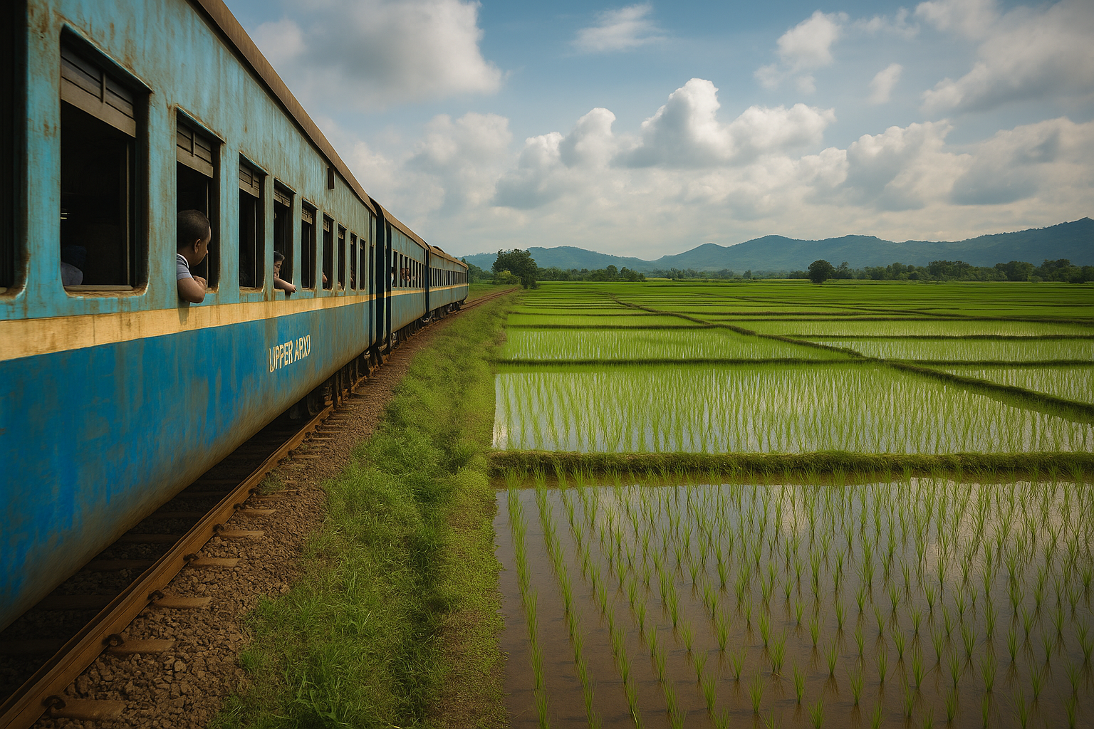 Budget train passing rice paddies in Myanmar countryside