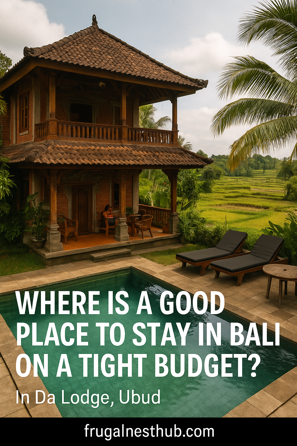 A budget-friendly homestay in Ubud, Bali showing a traditional wooden house, lush rice fields, and a poolside lounge at In Da Lodge — a top choice for travelers wondering where is a good place to stay in Bali on a tight budget.