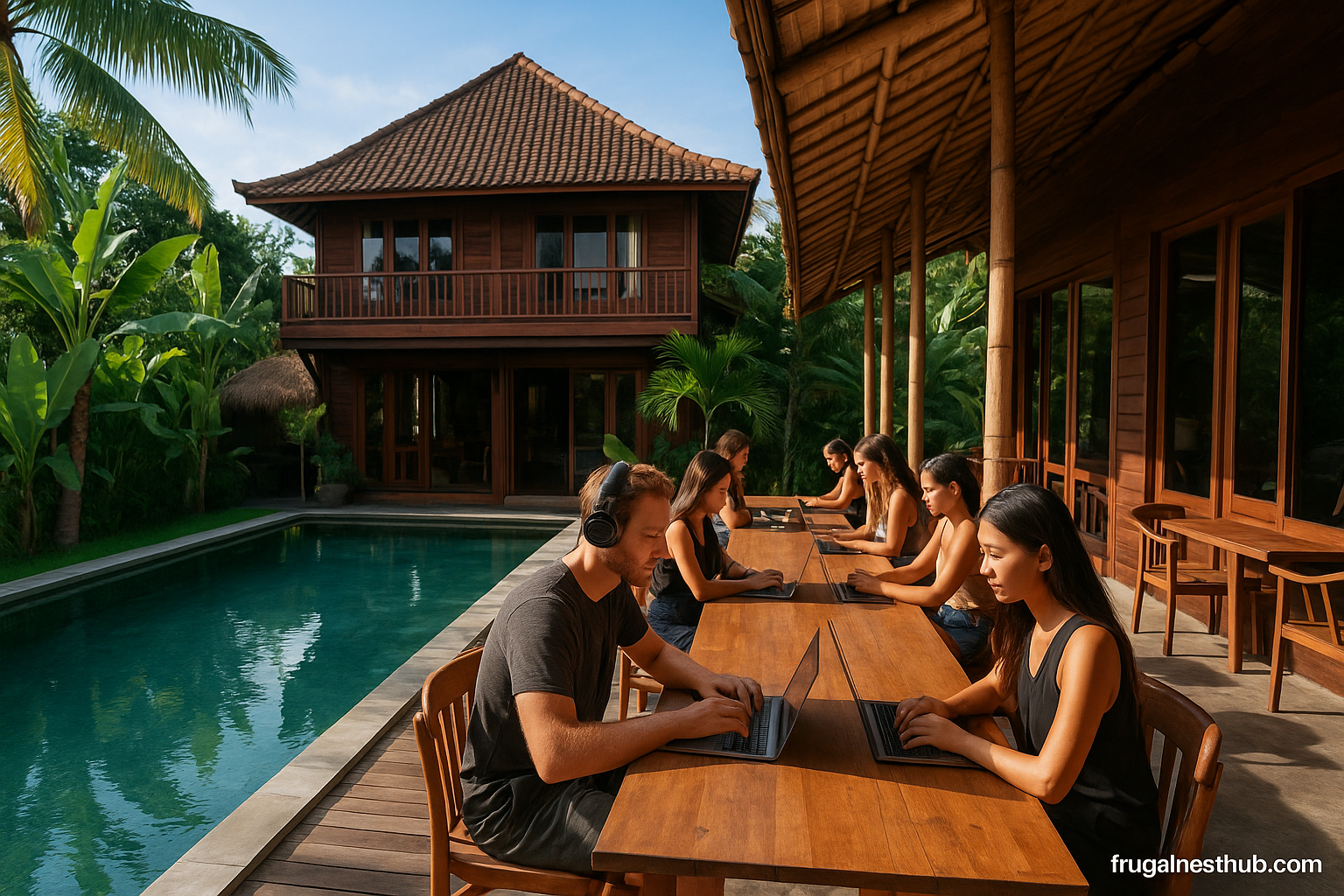 A coworking and coliving space in Canggu, Bali designed for digital nomads, featuring tropical surroundings, a poolside workspace, and remote workers collaborating on laptops — ideal for those asking where is a good place to stay in Bali for digital nomads.