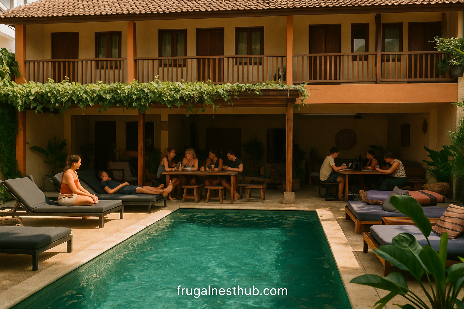 A social hostel in Seminyak, Bali designed for solo travelers, featuring a communal lounge, poolside seating, and cozy dorm rooms — perfect for those asking where is a good place to stay in Bali for solo travelers.