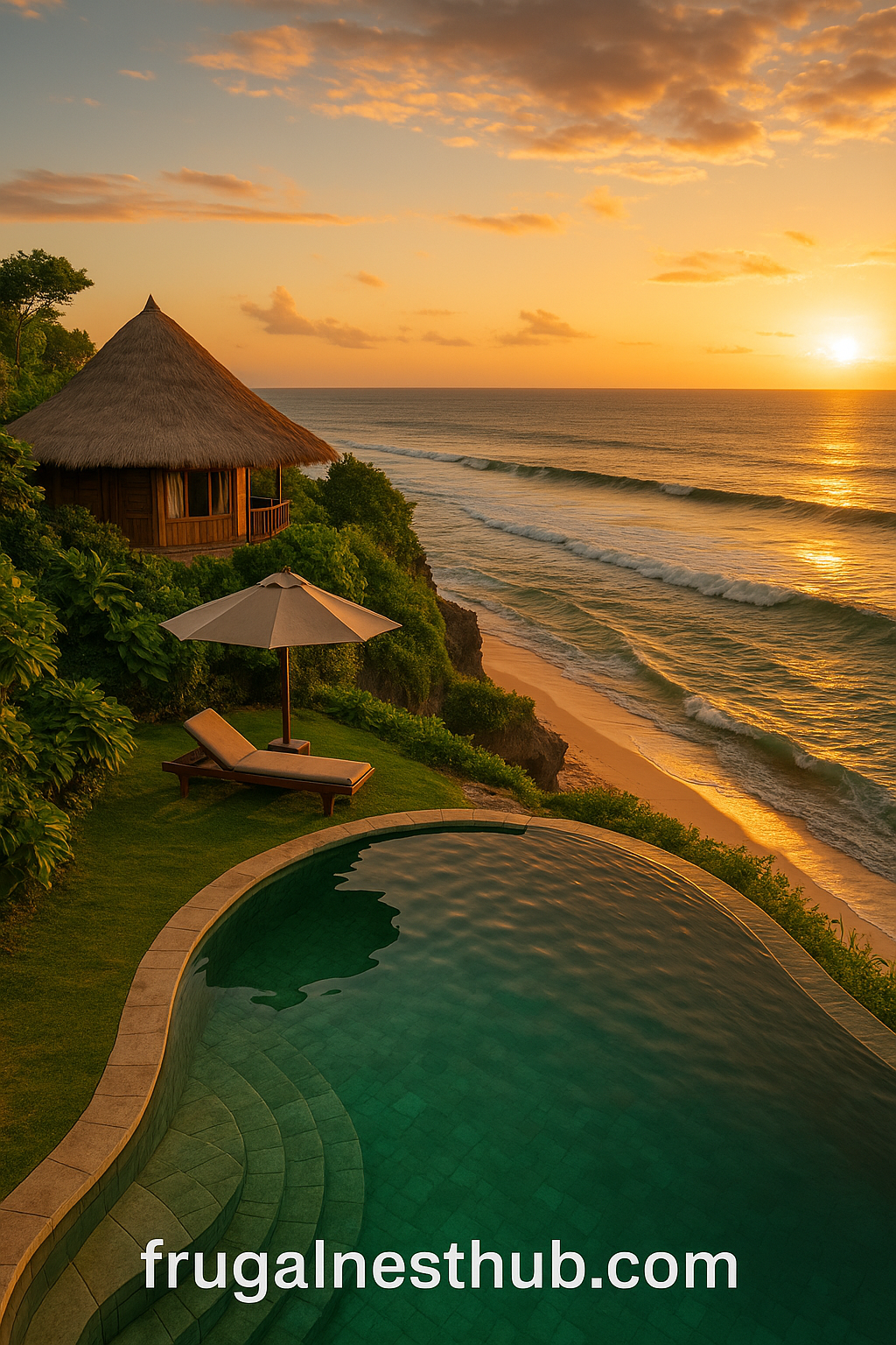A beachfront resort in Uluwatu, Bali showing a traditional thatched-roof bungalow, clifftop infinity pool, and golden ocean views at sunset — perfect for travelers wondering where is a good place to stay in Bali right on the beach.